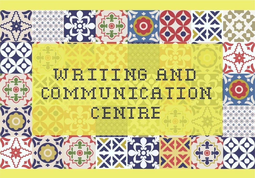 Quilt pattern square design, reading "writing and communication centre" in the middle (against a yellow backdrop).