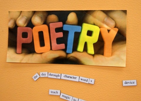 The word poetry is spelled out in colourful letters against an orange backdrop.
