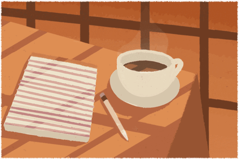 Image of a cup of coffee, pen, and lined paper