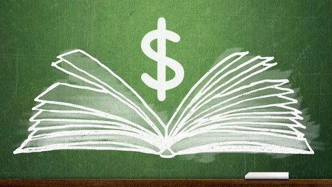 Chalkboard drawing of a textbook with a dollar sign over it