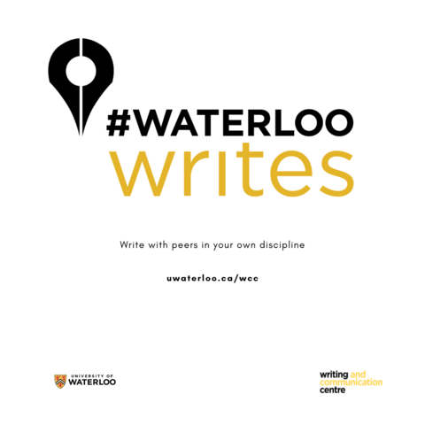 black and yellow writing on a white background says # Waterloo Writes with a location icon on the left side of the text.