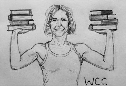 muscular woman holding stacks of books
