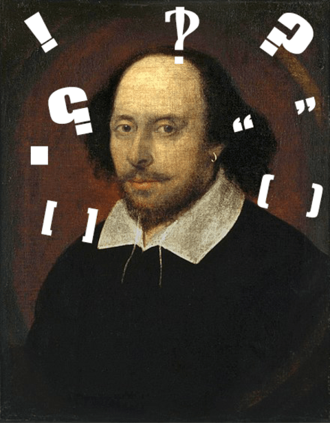 Painting of William Shakespeare surrounded by different punctuation marks