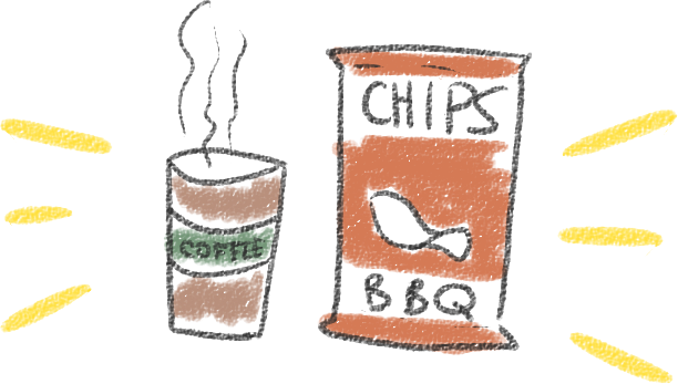 A cup of hot coffee, and a bag of BBQ chips, glowing.