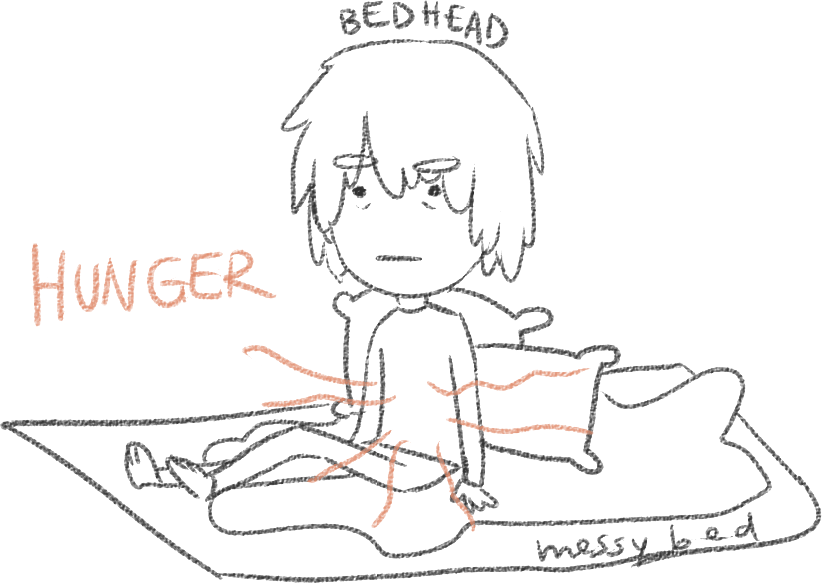 me, with bed-head, sitting on my messy bed, stomach growling because I'm hungry