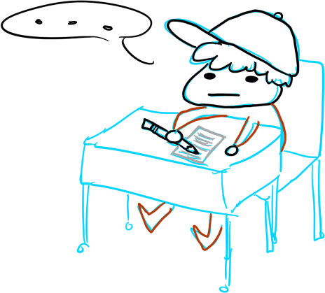 Me, sitting on a table, writing a conclusion on a piece of paper. I'm stuck, with a speech bubble saying 