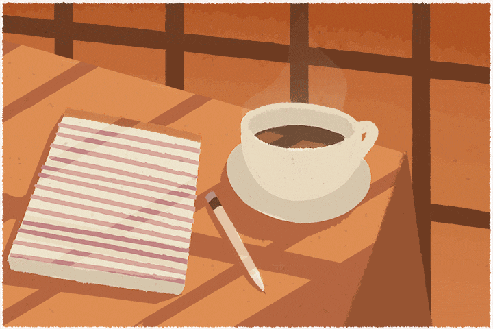 gif of a steaming cup of coffee, pen, and paper