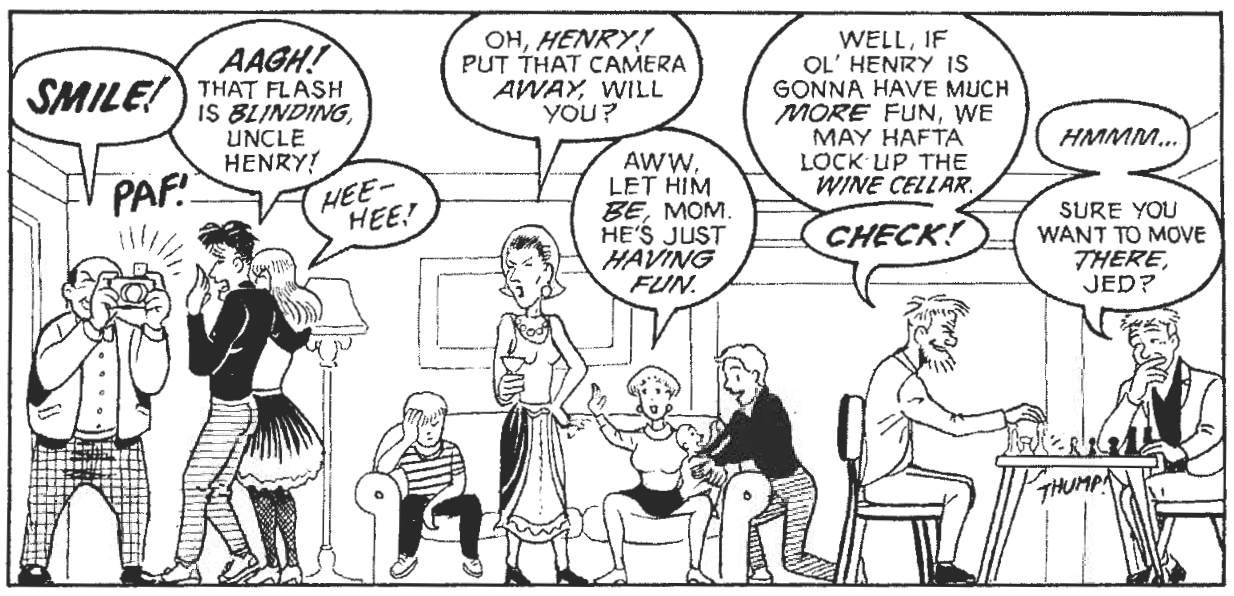 A panel from a comic showing a number of people talking and doing different activities