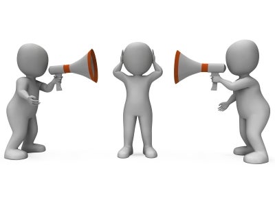 Shows three 3D stick figures. One is standing in the middle covering their ears while the other two are on either side yelling into speaker phones toward the middle figure