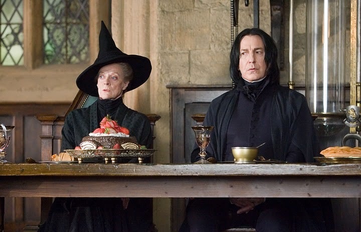 An image of 2 Hogwarts professors (Mcgonagall and Snape) sitting at the head table