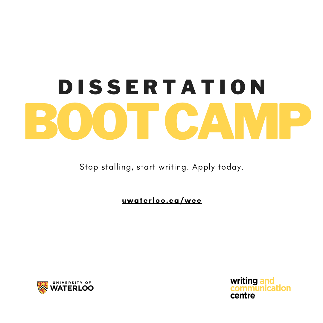 Black and yellow writing on a white background says Dissertation Boot Camp. Stop stalling, start writing.