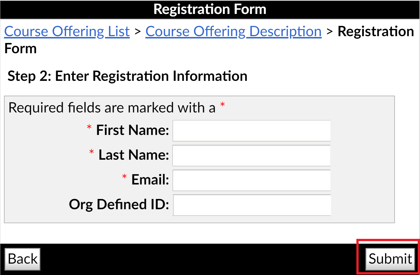 Image of the Registration form with the Submit button highlighted