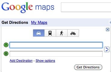 Google maps directions screen