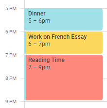 Google calendar with events such as Reading Time
