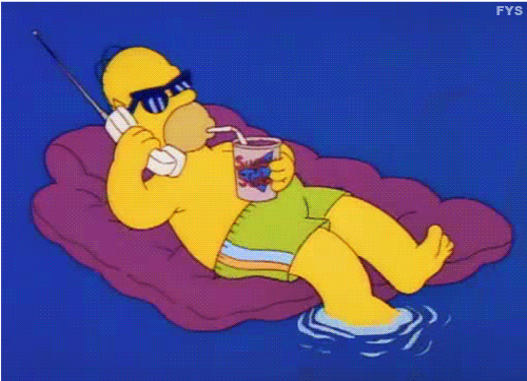 Homer on a floatie talking on the phone and sipping a drink