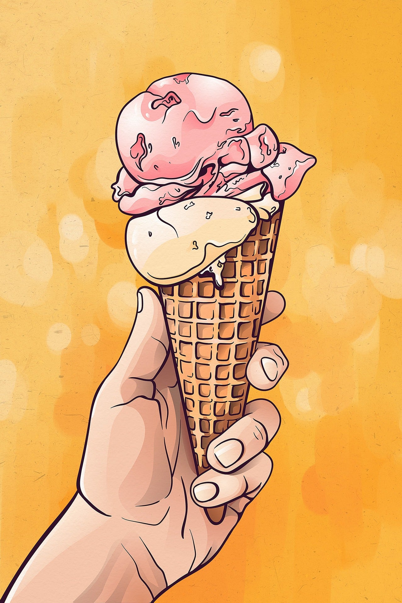 Illustration of a hand holding an ice cream cone with two scoops