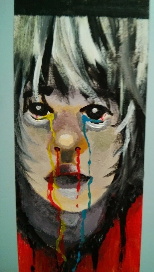 A painting of mine from grade 12. Grey skinned person with white/grey hair. Eyes/nose/mouth bleeding primary colours?