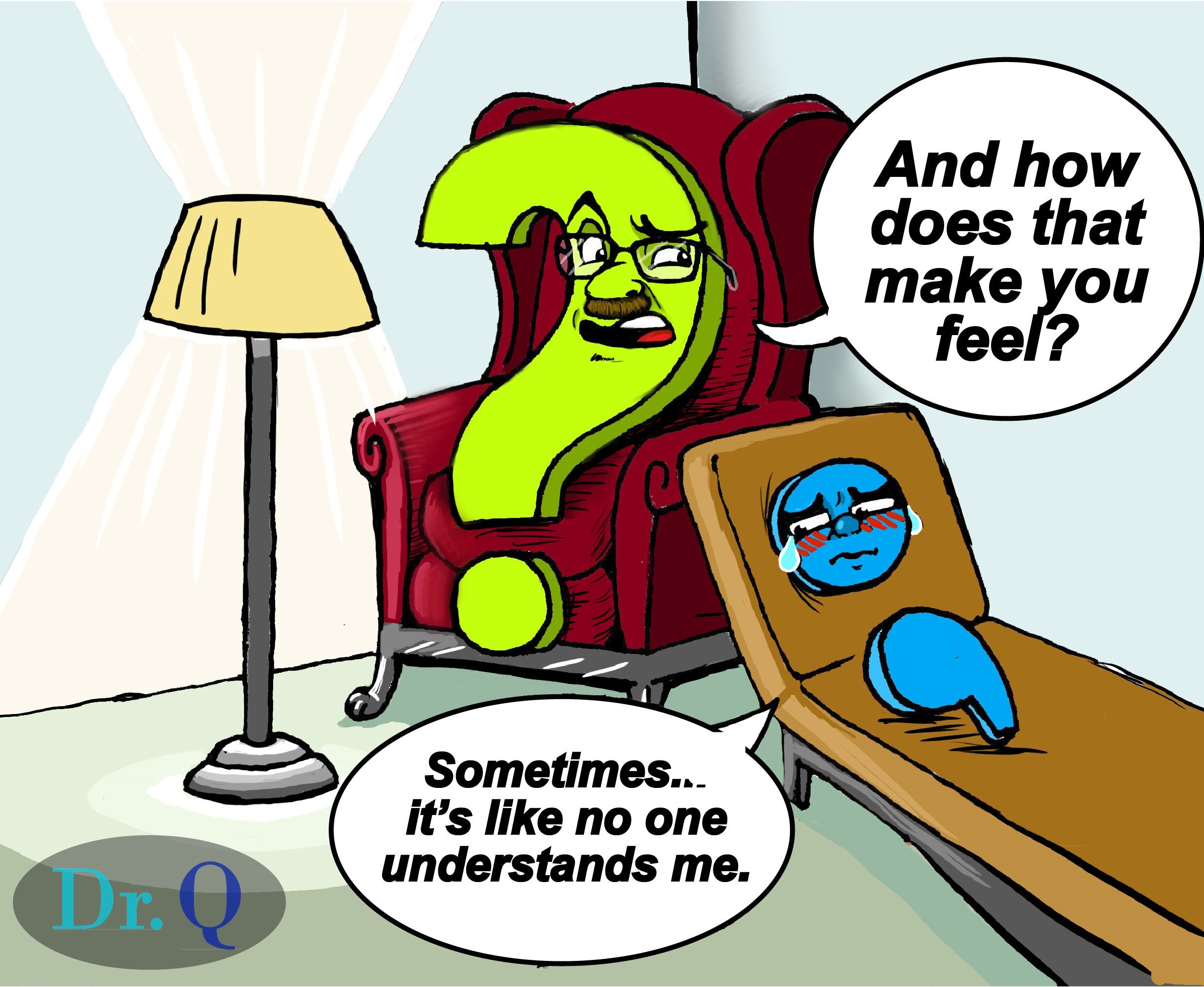 Cartoon semicolon confessing innermost feelings to question-mark therapist