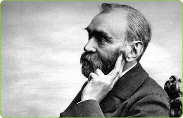 A black-and-white picture of Alfred Nobel, sitting while striking a philosophical pose.