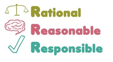 Infographic of the 3 Rs of university survival, rational with a balancing scale, reasonable with a brain, and responsible with a checkmark