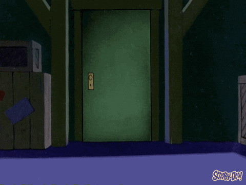 Scooby Doo pacing outside of a door