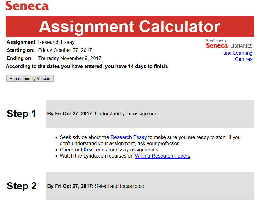 Sample assignment timeline provided by Seneca College Assignment Calculator