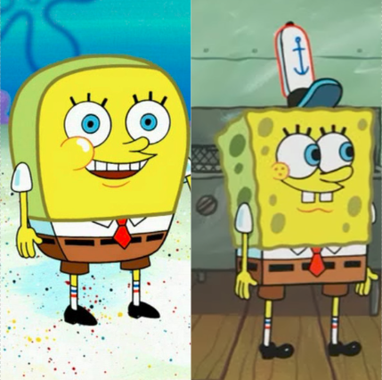 An image comparing two SpongeBob characters. One is round and 'normal', while the other is square. 