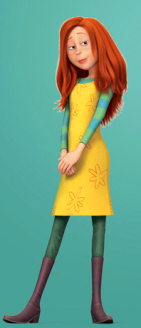 Photo of cartoon teenage girl with orange hair and yellow dress, the main female charactor in The Lorax by Dr. Seuss