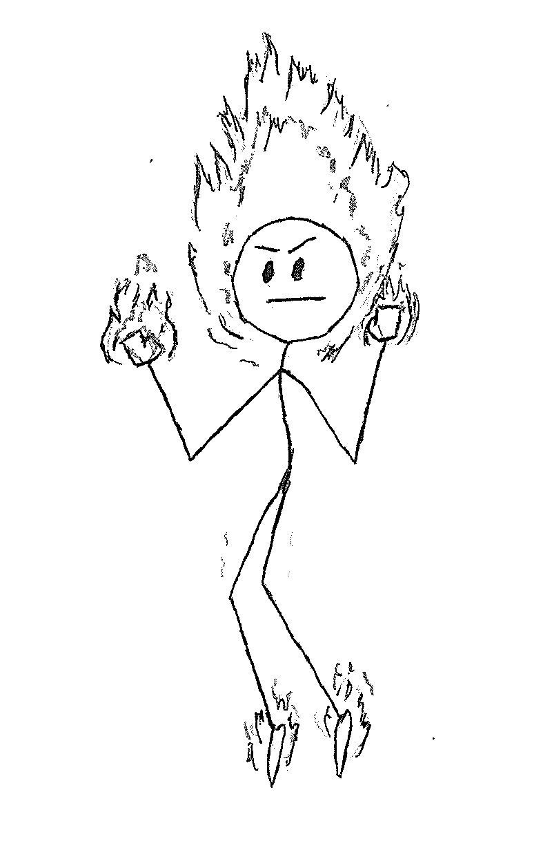 Stick figure floating and demonstrating fire-like powers.