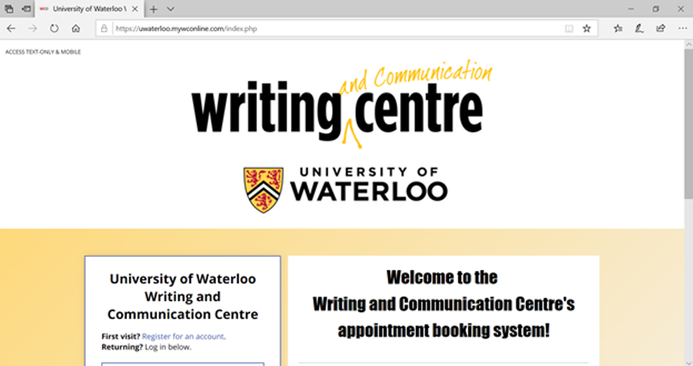 The Writing and Communication Centre's WCOnline website homepage