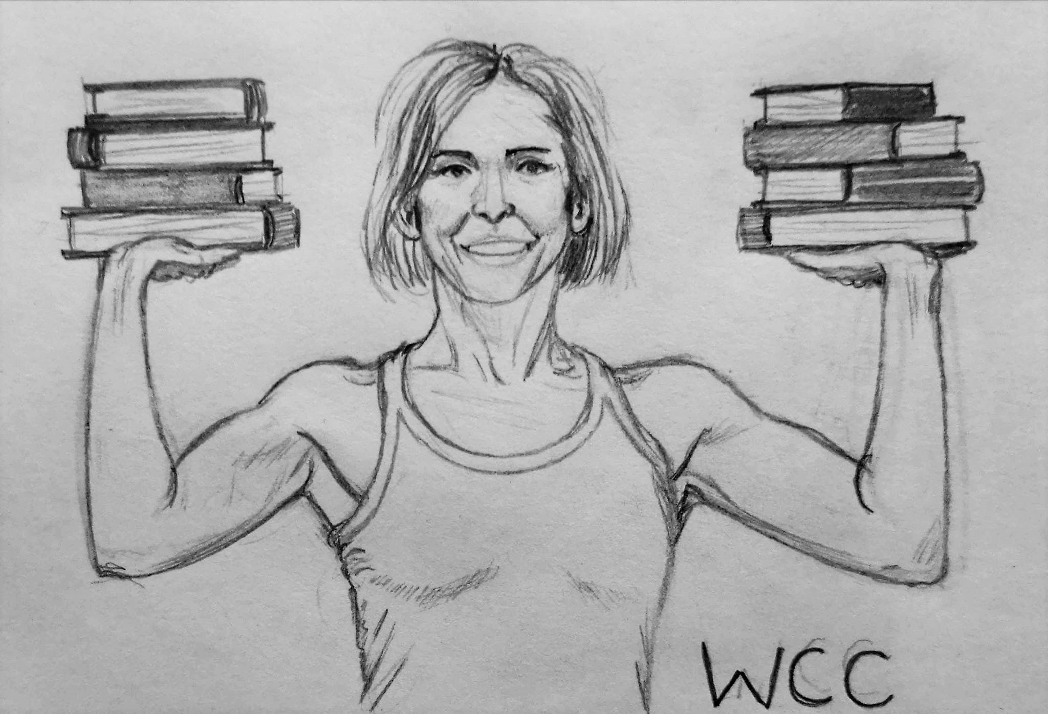 muscular woman holding two stacks of books