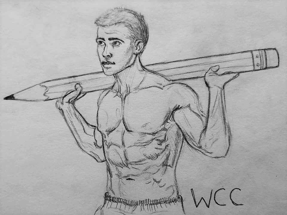 muscled man holding large pencil