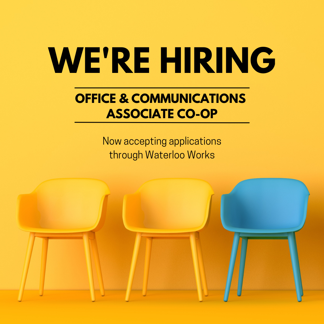 Yellow and blue chairs on a yellow background. Text says We're hiring Office & Communications Associate apply on Waterloo Works