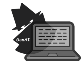 A shadowy spy figure labelled "GenAI" hides behind and overshadows an open laptop.