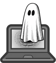 A ghost emerges from a laptop screen.